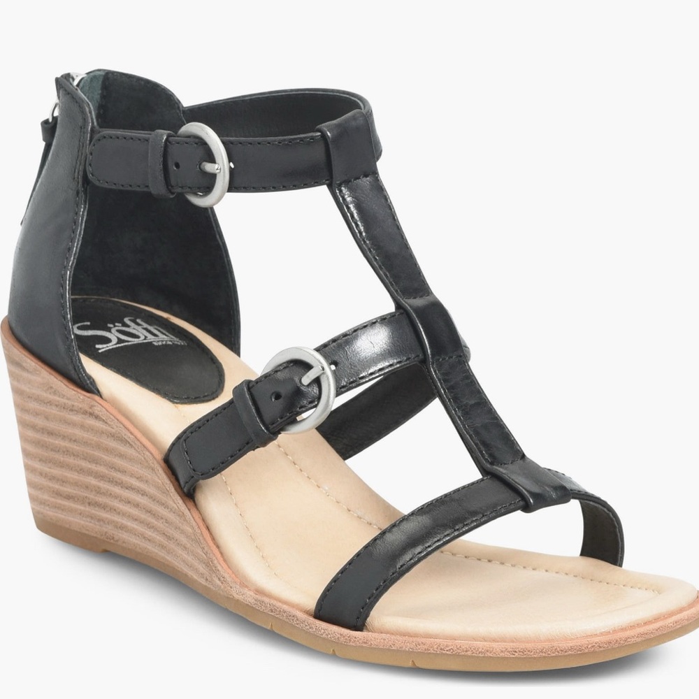 Sofft Leather Black Wedge Sandals Women’s Size 8